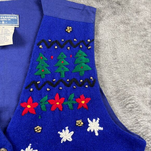 Vintage Women Christmas Vest Wool Embroidered Snowman Tree Y2K 90s Blue Med J111 - Picture 3 of 8
